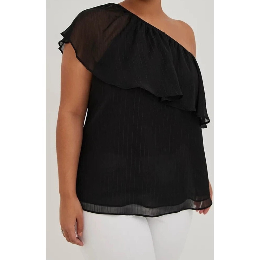 Torrid Black Metallic Lurex One Shoulder Ruffle Blouse Chiffon Party Top 0 L 12
